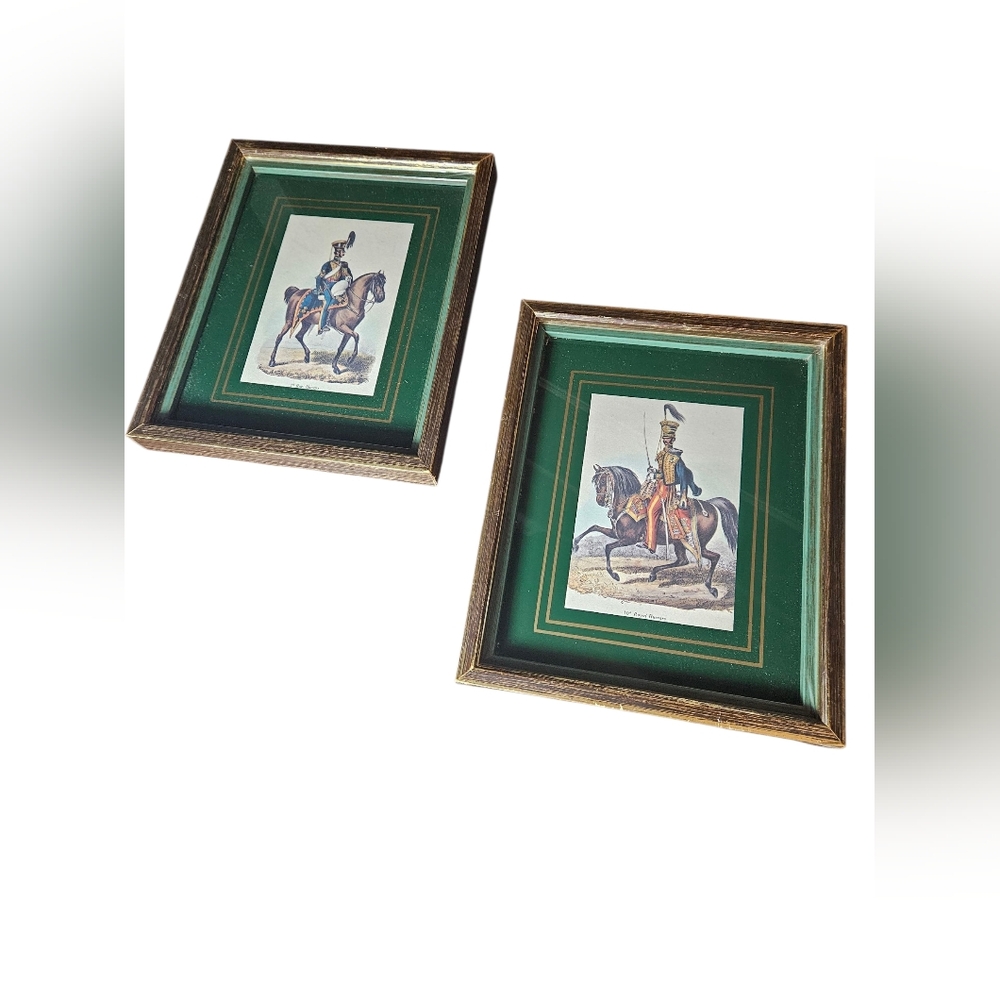 A Pair Of Elegant Green and Gold Framed Military Art.